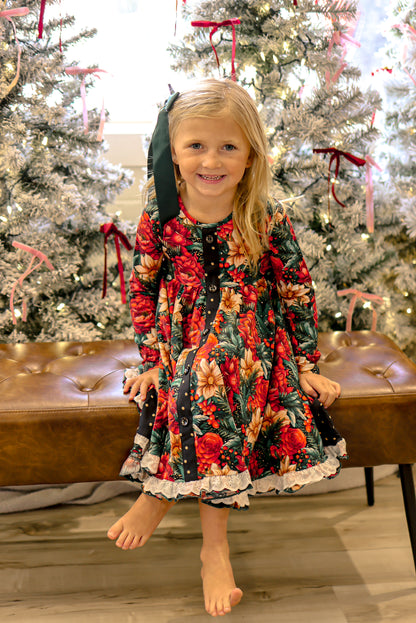 Gloria Floral Button Christmas Dress