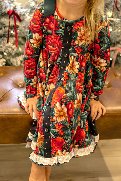 Gloria Floral Button Christmas Dress